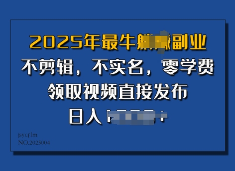 ​2025年最牛副业，不剪辑，不实名，零学费，零粉可做，领取视频直接发布，有播放就有收益